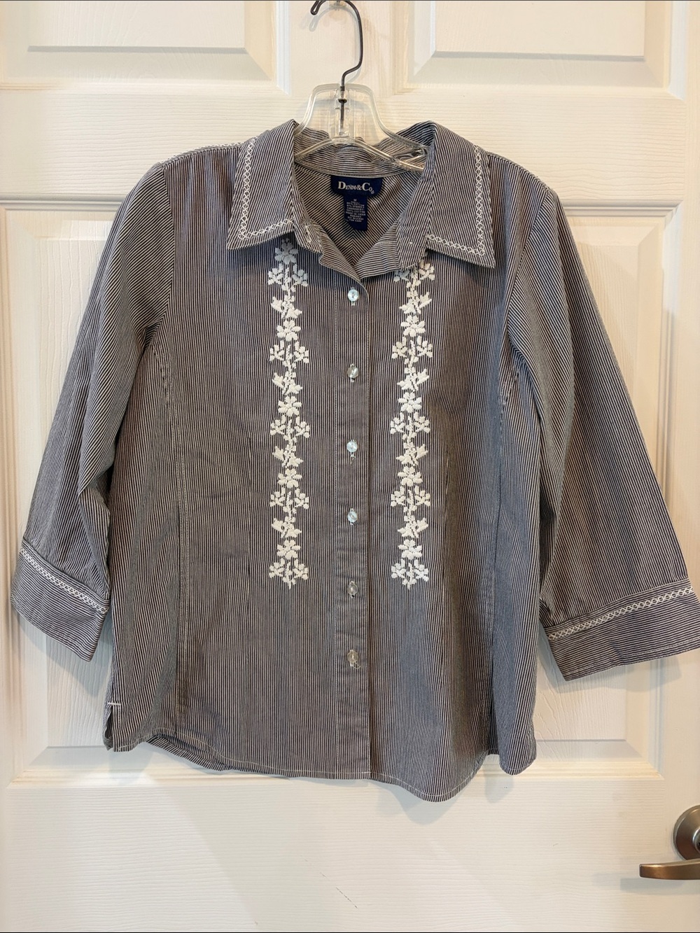 Denim & Co Gray Pinstripe Button-Down Shirt with White Floral Embroidery
